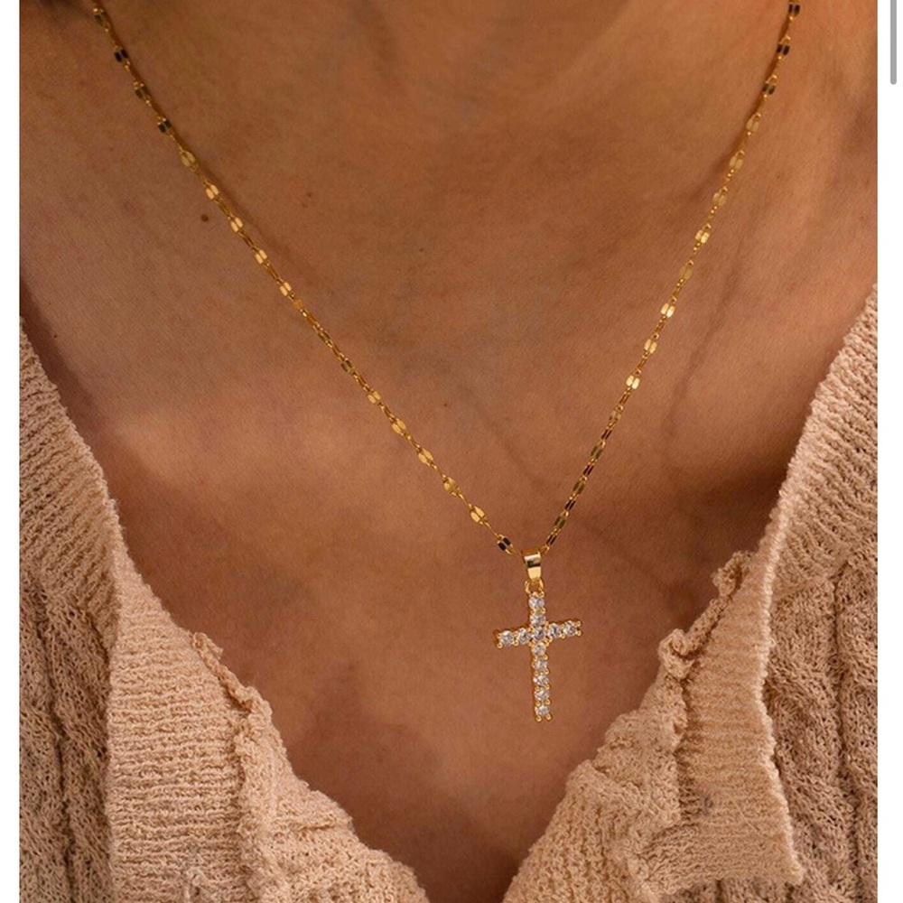 Gold Cross Pendant Necklace with Cubic Zirconia - Women - Picture 4 of 7